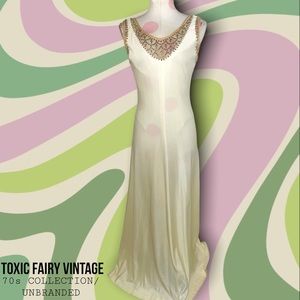 Union Made Vintage 1970s Cream Floor Length Dress With Mesh & Crystal Neckline S
